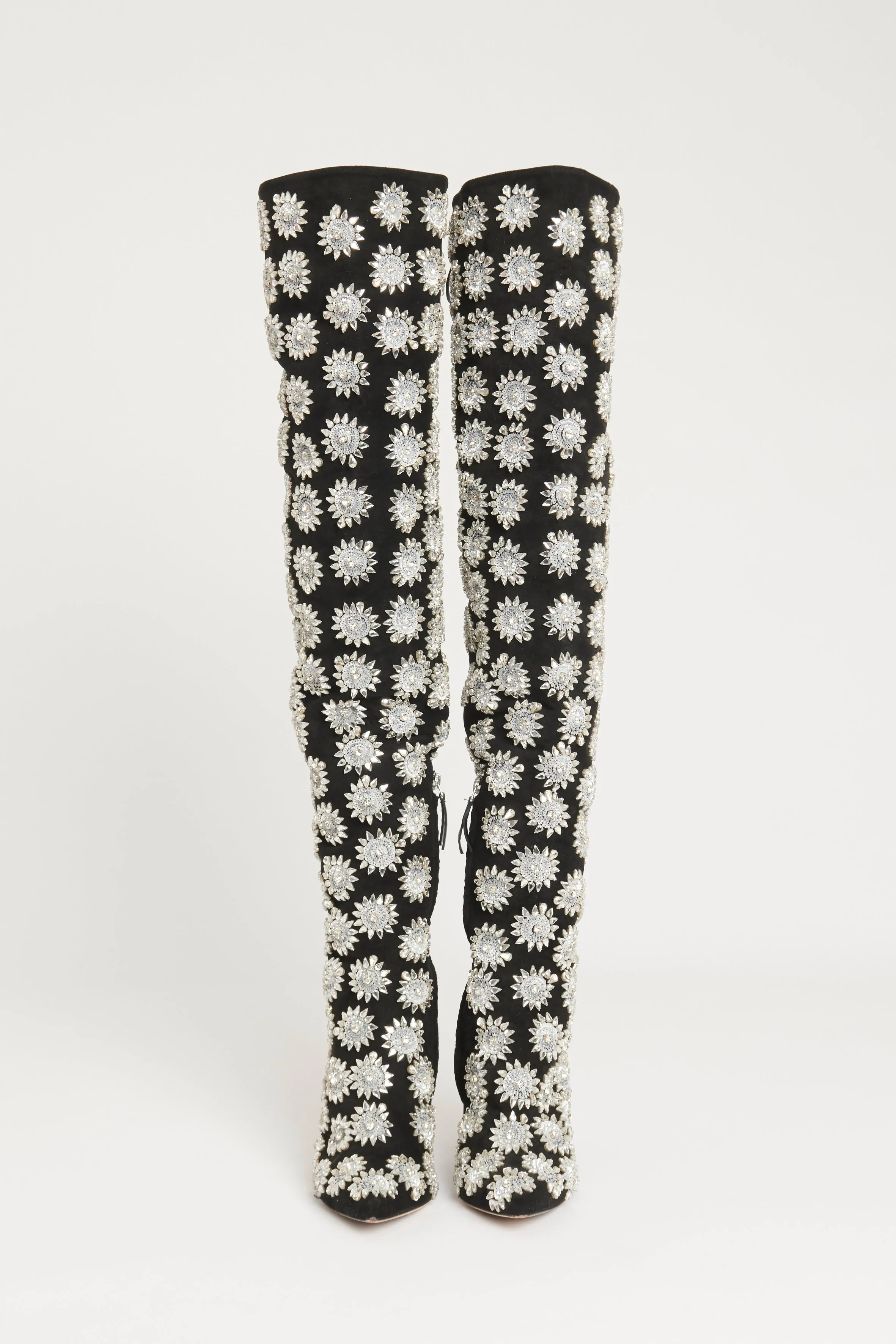 2017 Black Suede Preowned 'Frederikke' Embellished Thigh Boots