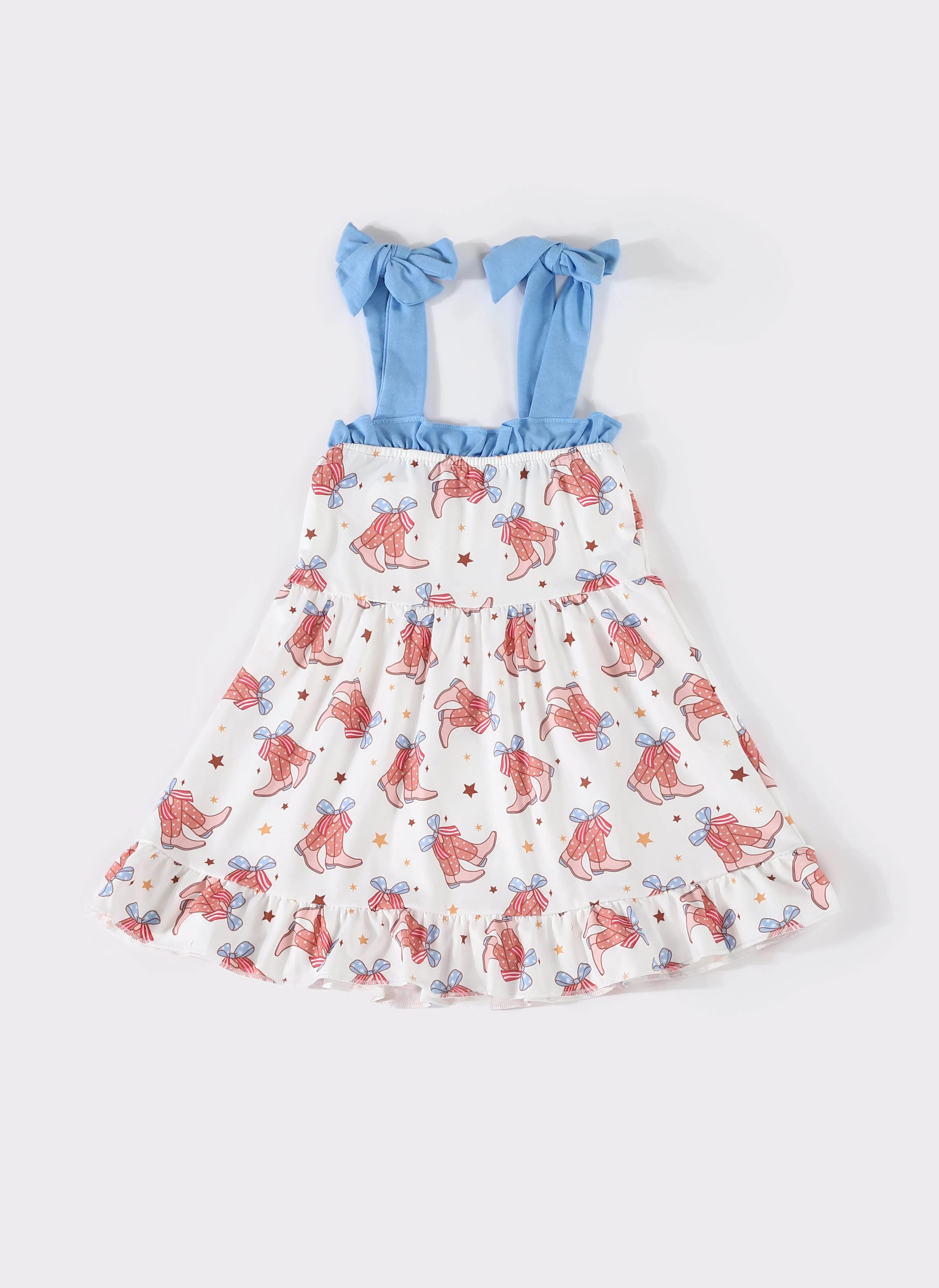 Blue boots bow ruffle dress