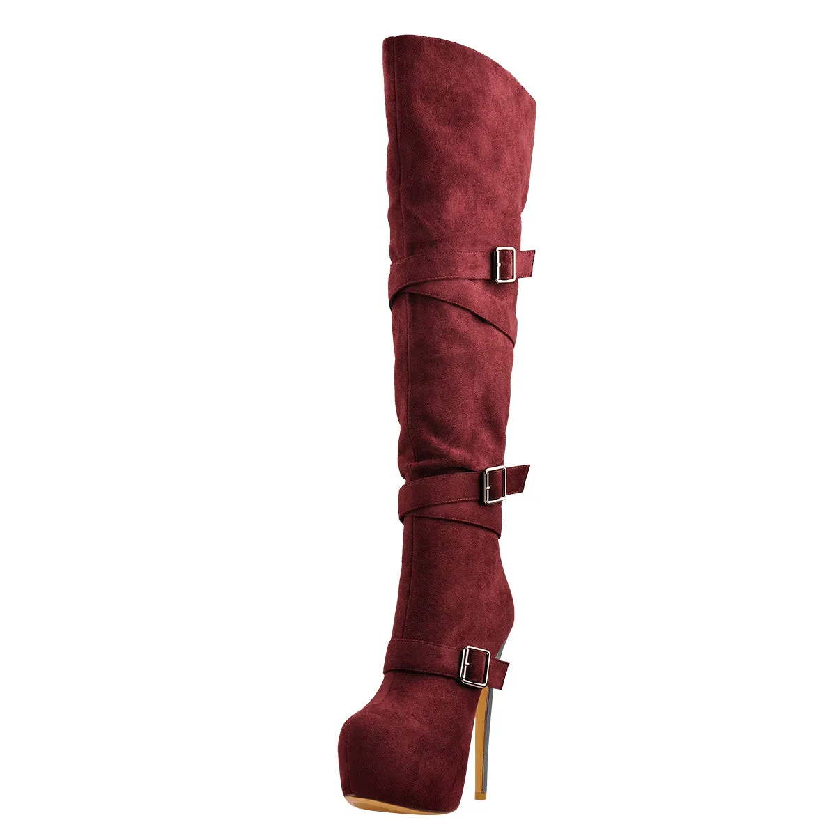 Burgundy Suede Platform Buckle Stiletto Over The Knee High Boots