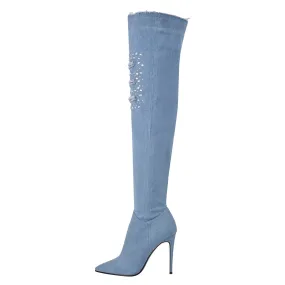 Denim Pointed Toe High Stiletto Over The Knee Boots