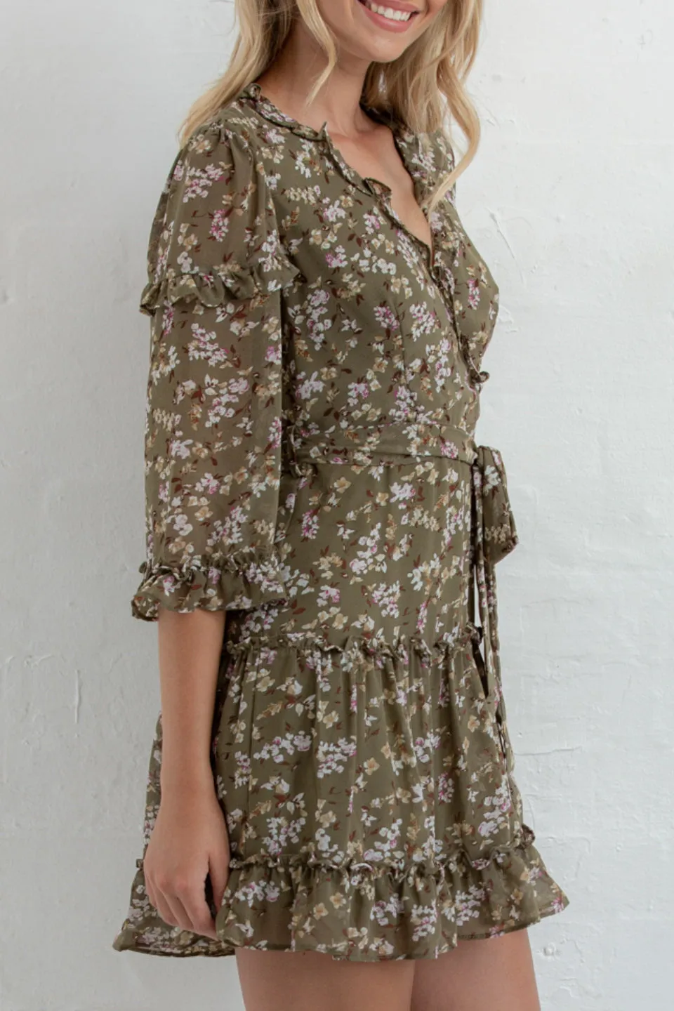 Floral Green 3qtr Sleeve Frilled Dress