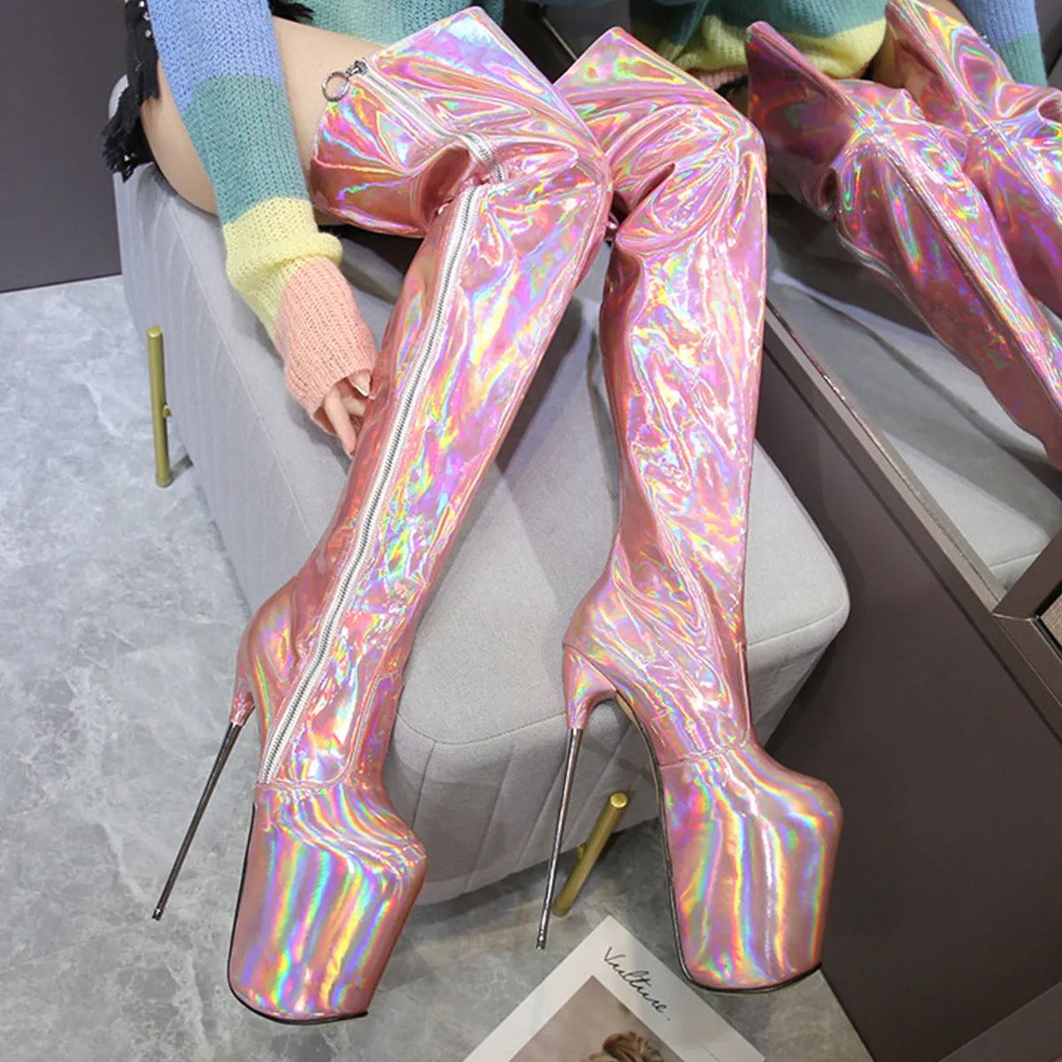 Holographic Platform Super Heels Over The Knee Boots