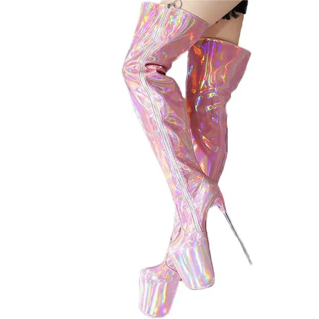 Holographic Platform Super Heels Over The Knee Boots