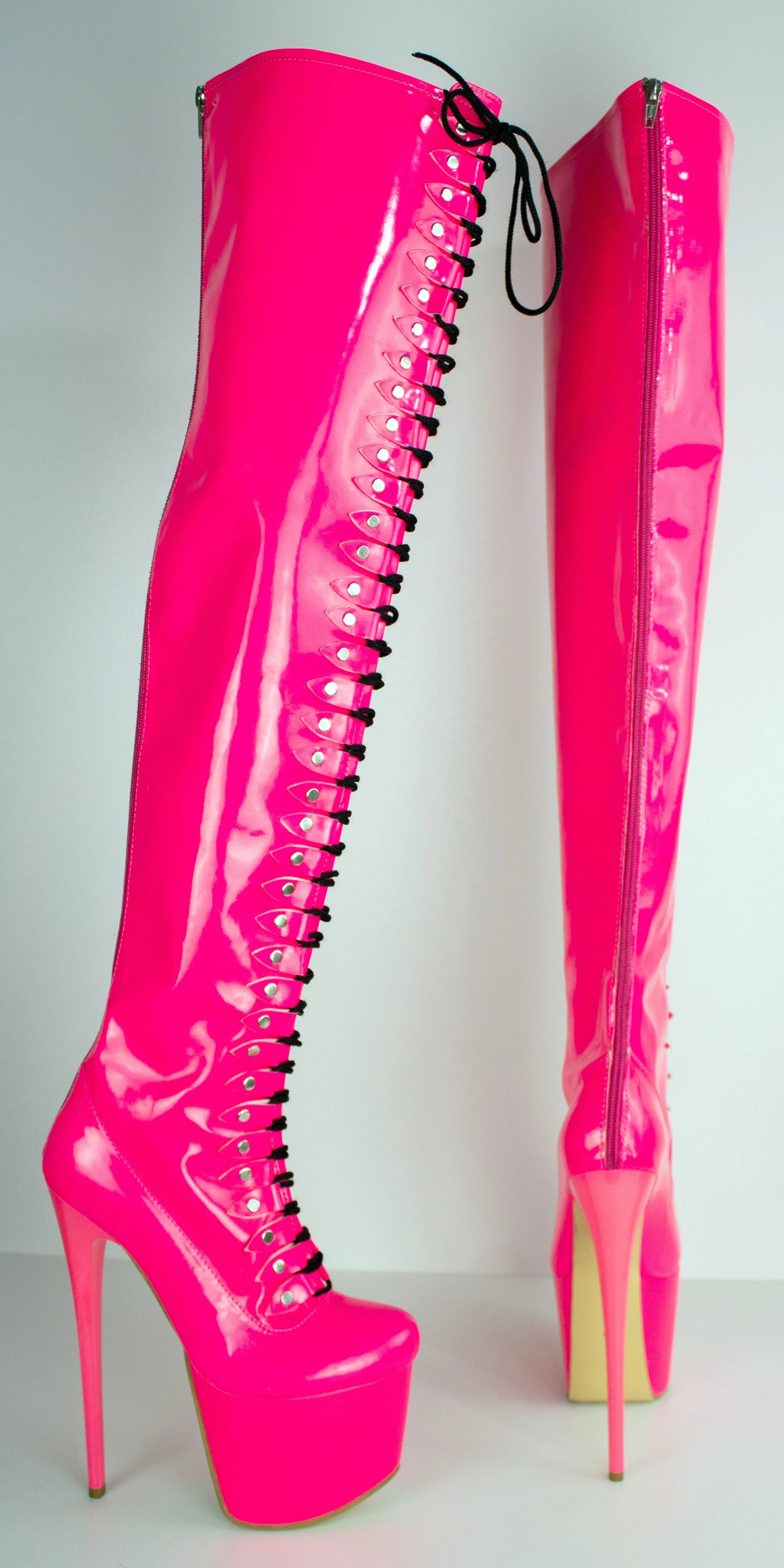 Hot Neon Pink Thigh High Pin & Lace Up Boots