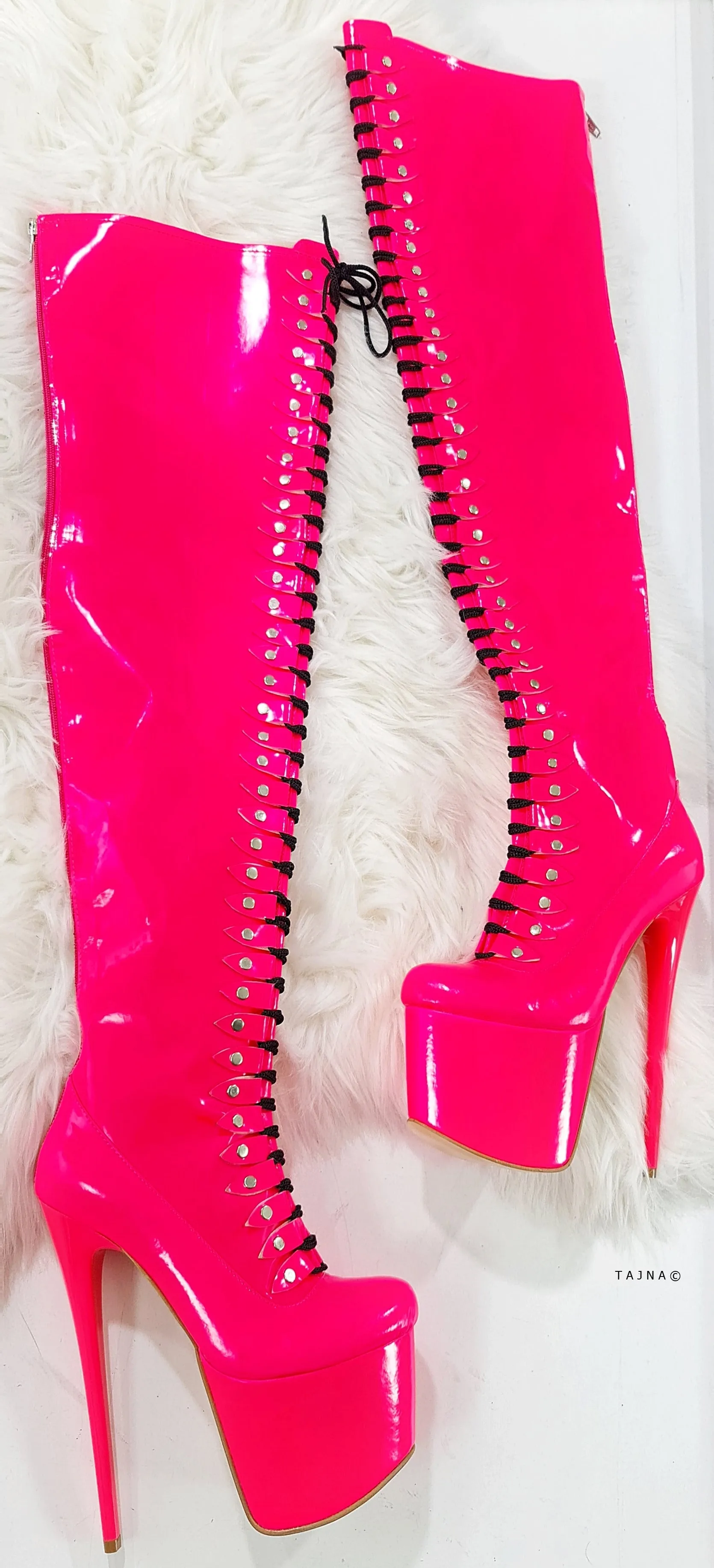 Hot Neon Pink Thigh High Pin & Lace Up Boots