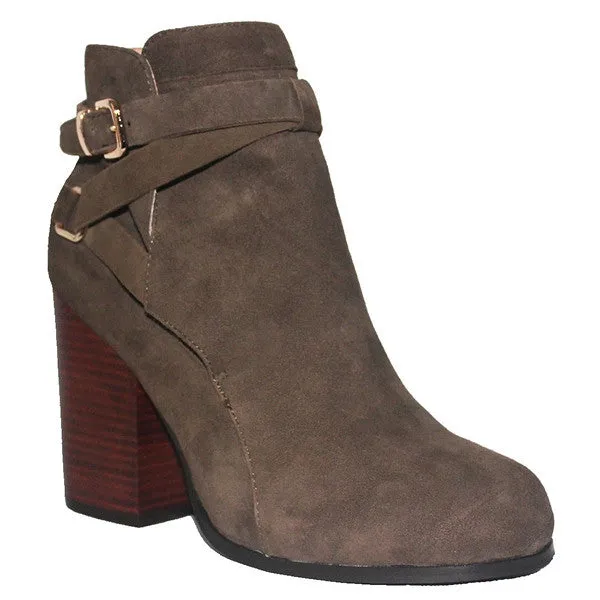 Kixters Gena - Taupe Suede Buckle Strap Block Heel Short Boot