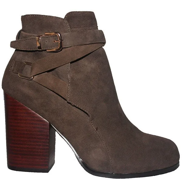 Kixters Gena - Taupe Suede Buckle Strap Block Heel Short Boot