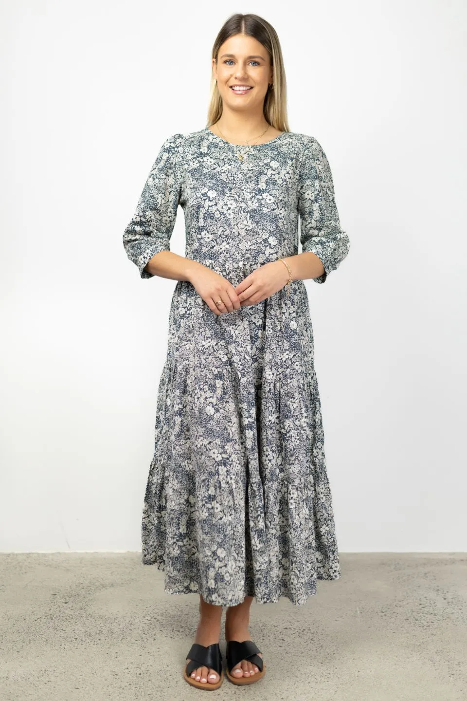 Lucid Deep Teal Jungle Cotton Puff Sleeve Tiered Maxi Dress