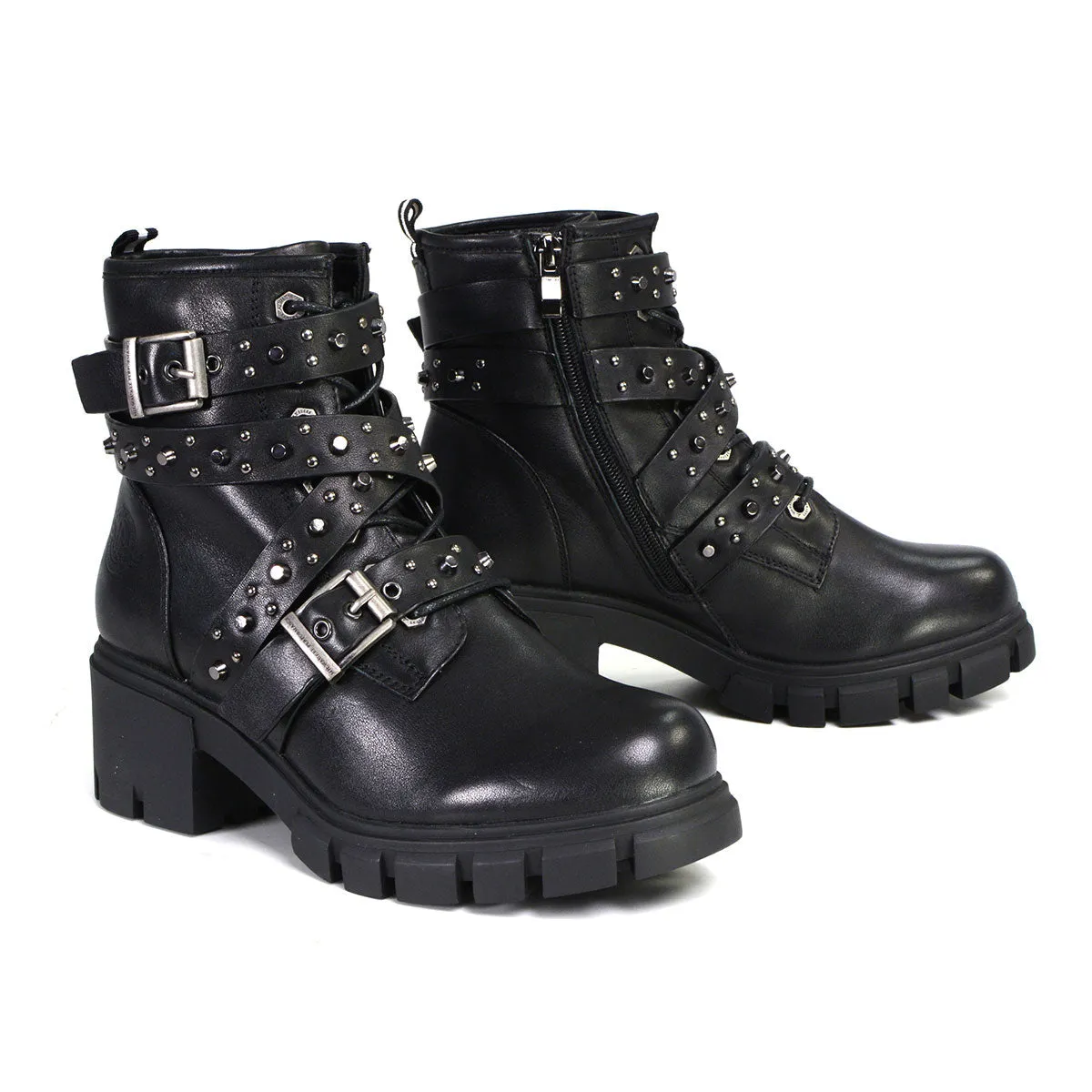 Milwaukee Performance Leather MBL9444 Women's ‘Bruiser’ Black Leather Lace to Toe Boots with Studded Straps