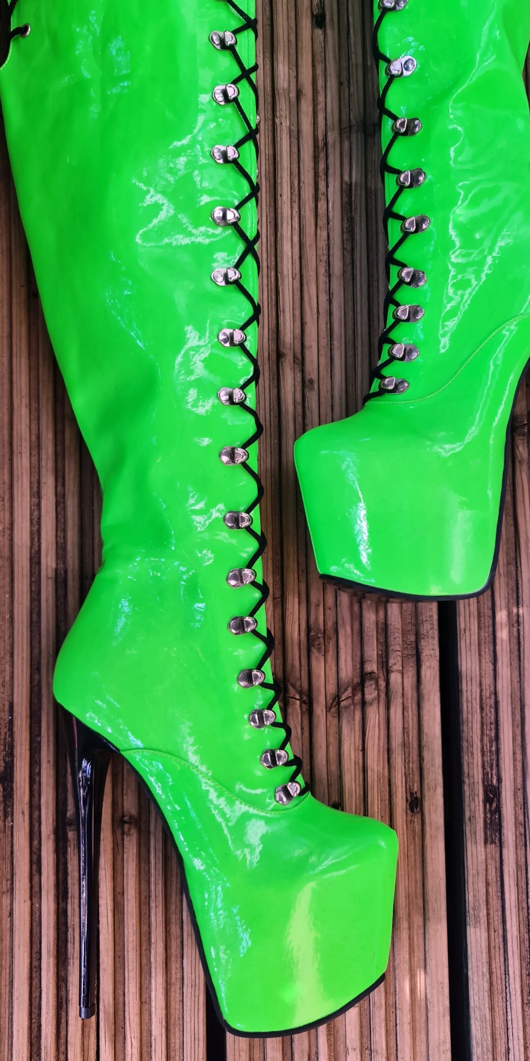 Neon Green Military Style Lace Up Heel Boots