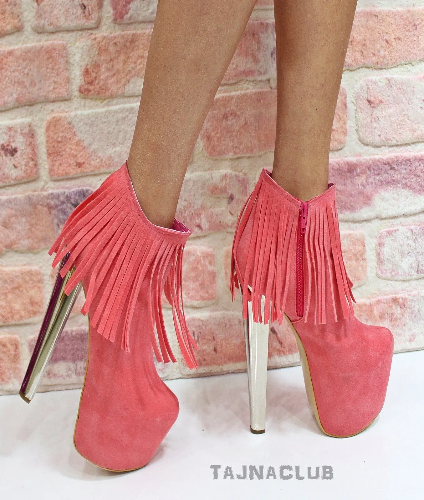 Peach Pink Fringe Ankle Boots Platform High Heel Boots