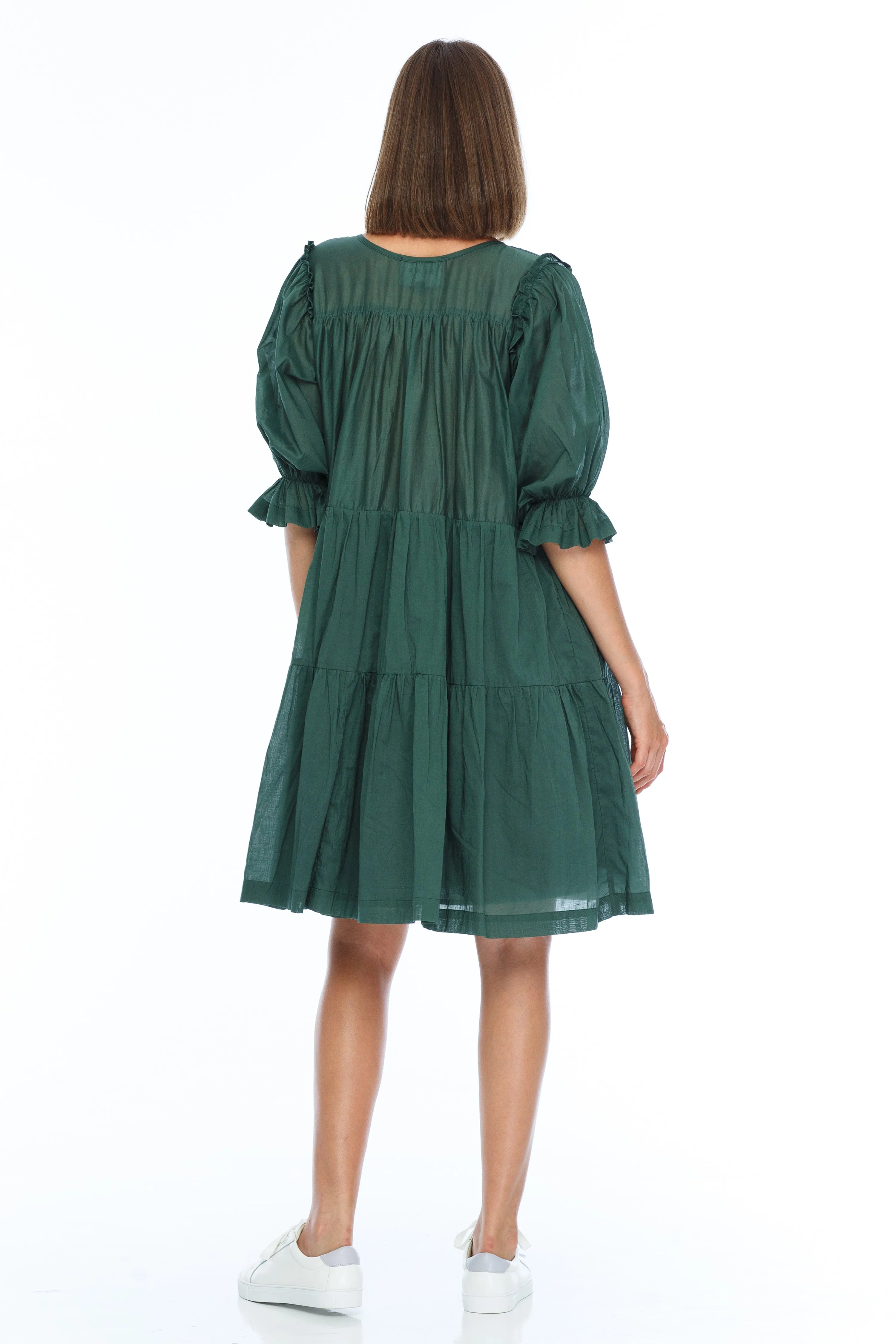 Promise Forest Crop Sleeve Cotton Voile Tiered Mini Dress