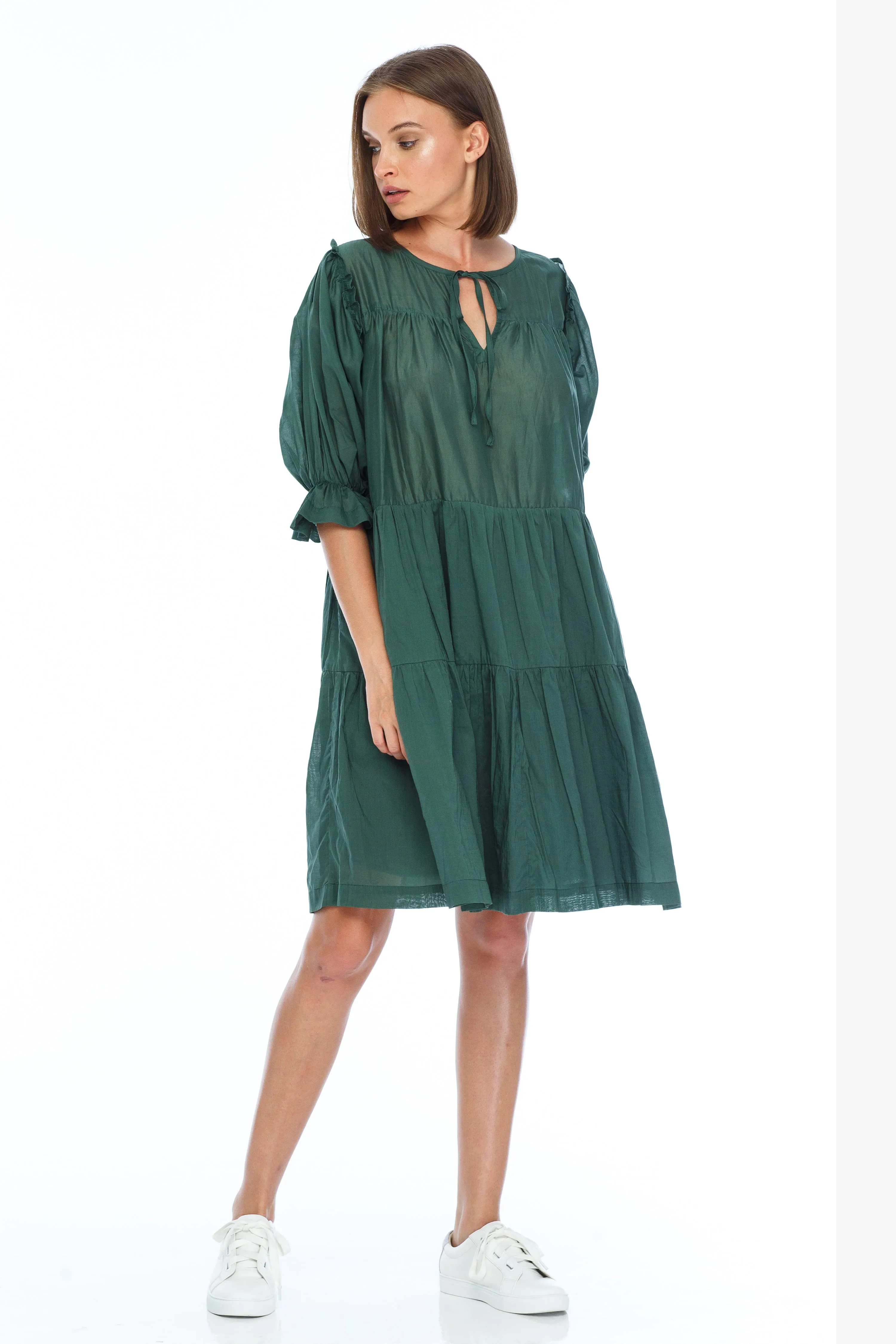 Promise Forest Crop Sleeve Cotton Voile Tiered Mini Dress