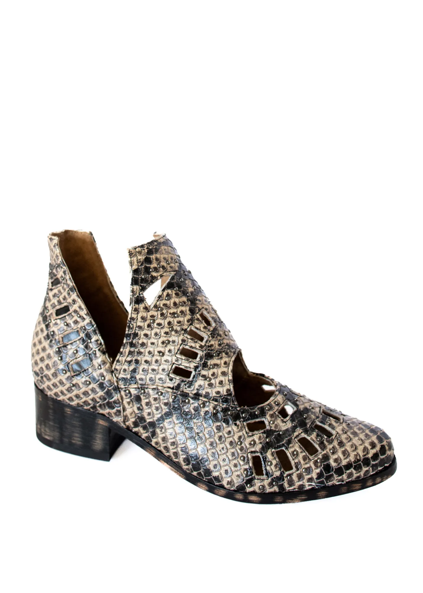 Reedy Cut Out Ankle Snakeskin Boot in Taupe Leather