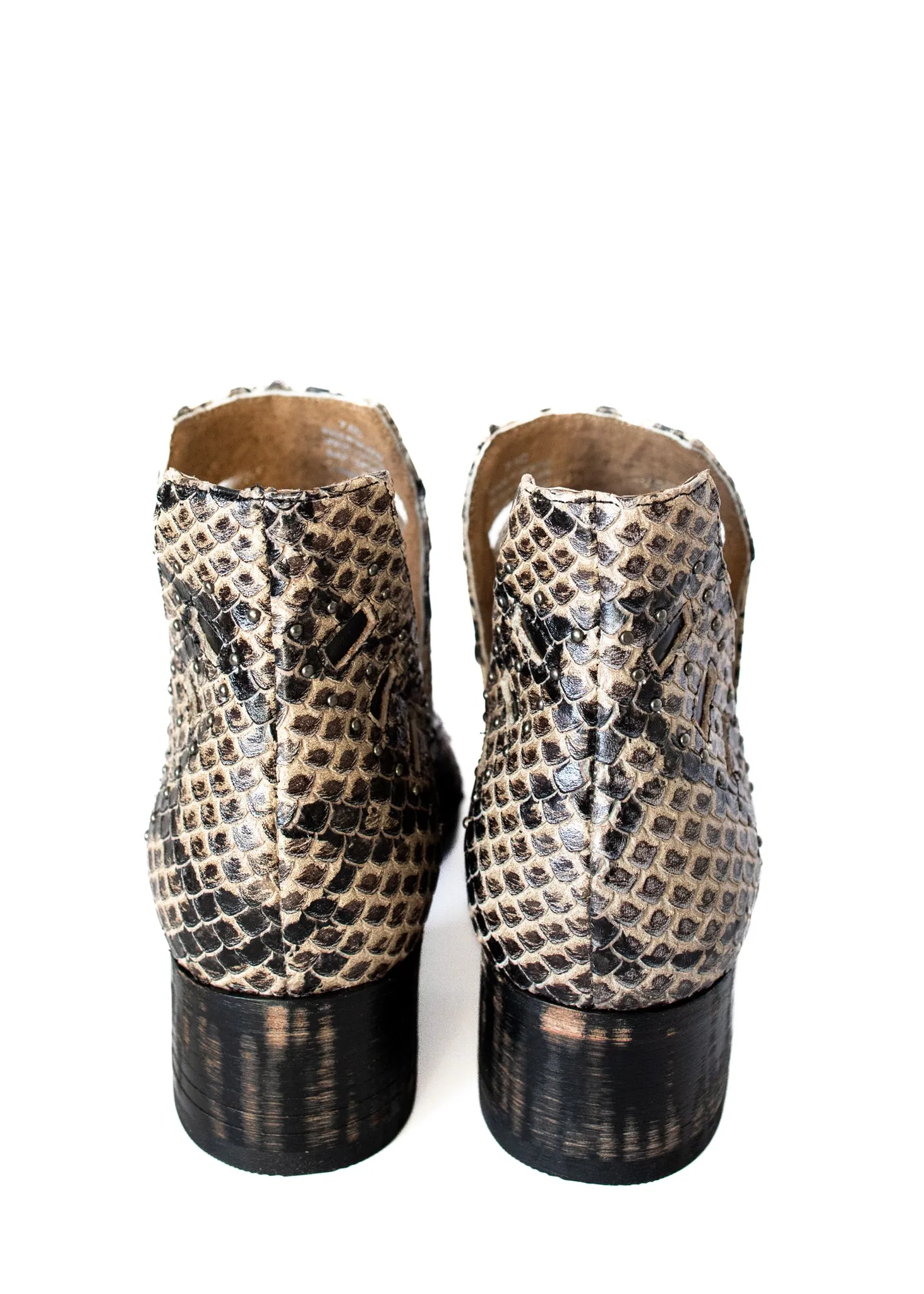 Reedy Cut Out Ankle Snakeskin Boot in Taupe Leather