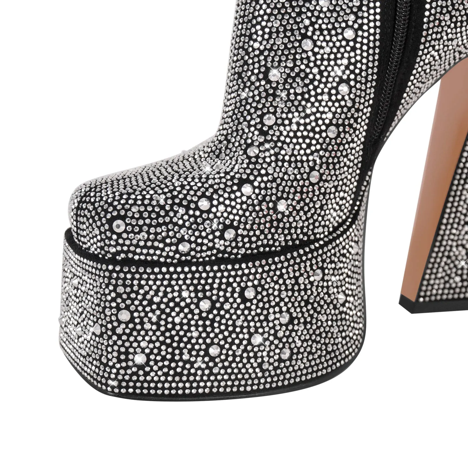 Rhinestone Square Toe Chunky Heel Platform Ankle Boots