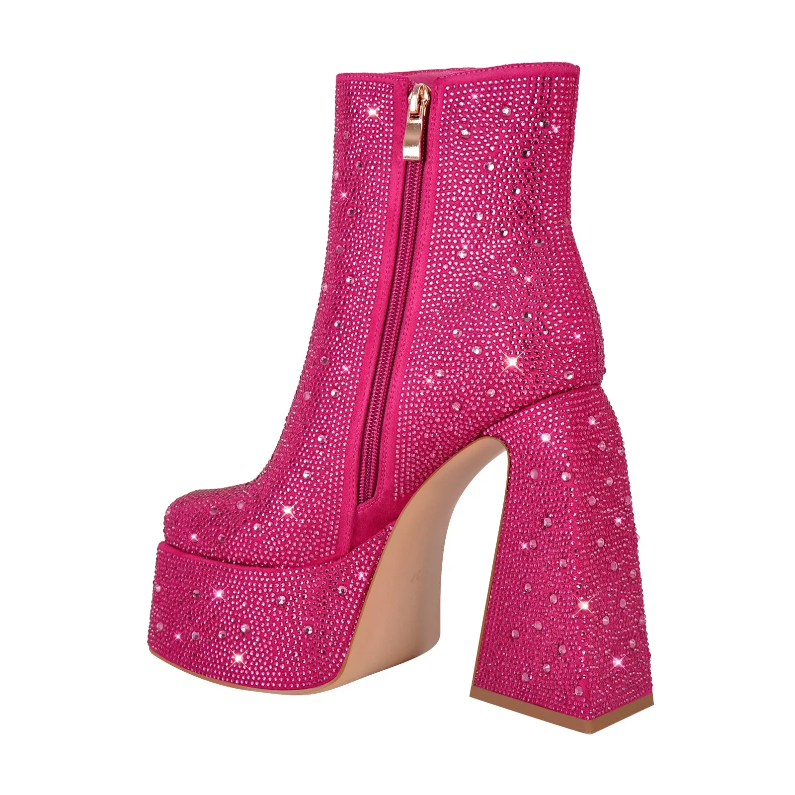 Rhinestone Square Toe Chunky Heel Platform Ankle Boots