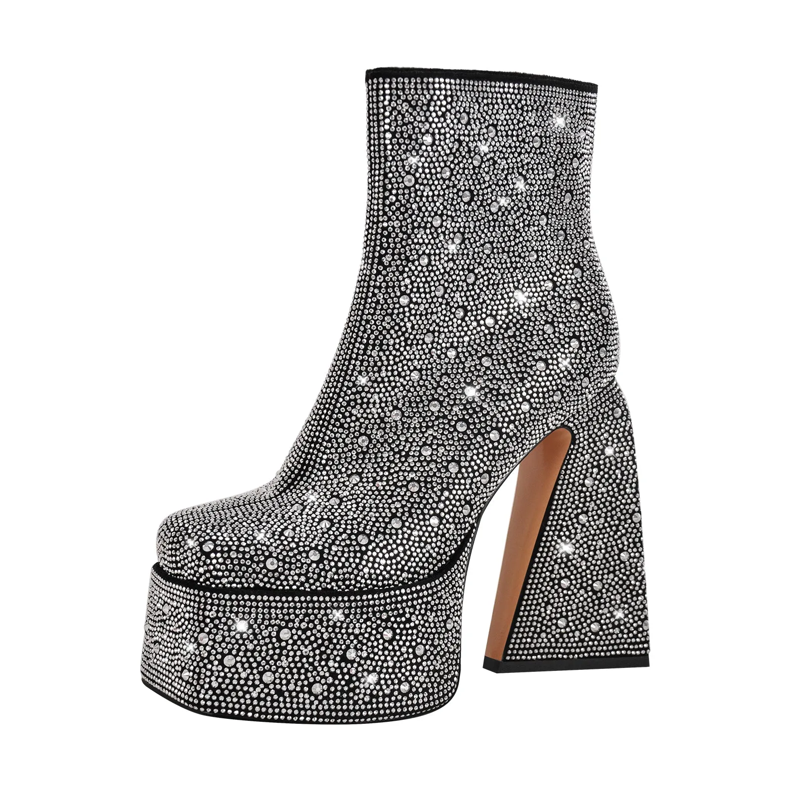 Rhinestone Square Toe Chunky Heel Platform Ankle Boots