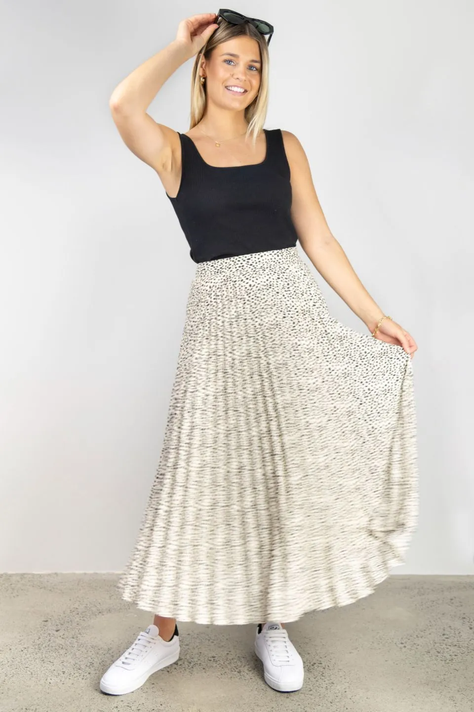 Ritzy Cream Leopard Chiffon Pleated Midi Skirt