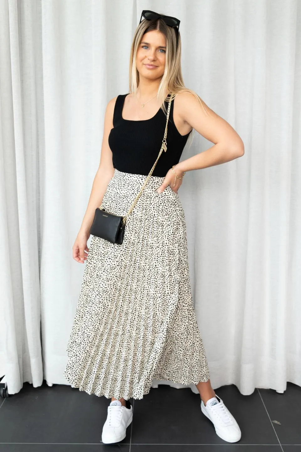 Ritzy Cream Leopard Chiffon Pleated Midi Skirt