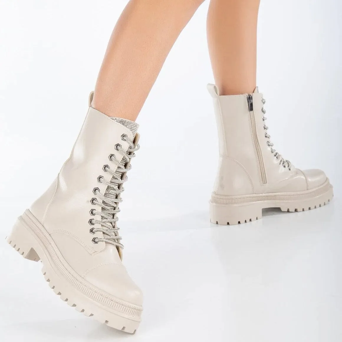 Selene Vegan Leather Glitter Lace Up Combat Boots | Beige